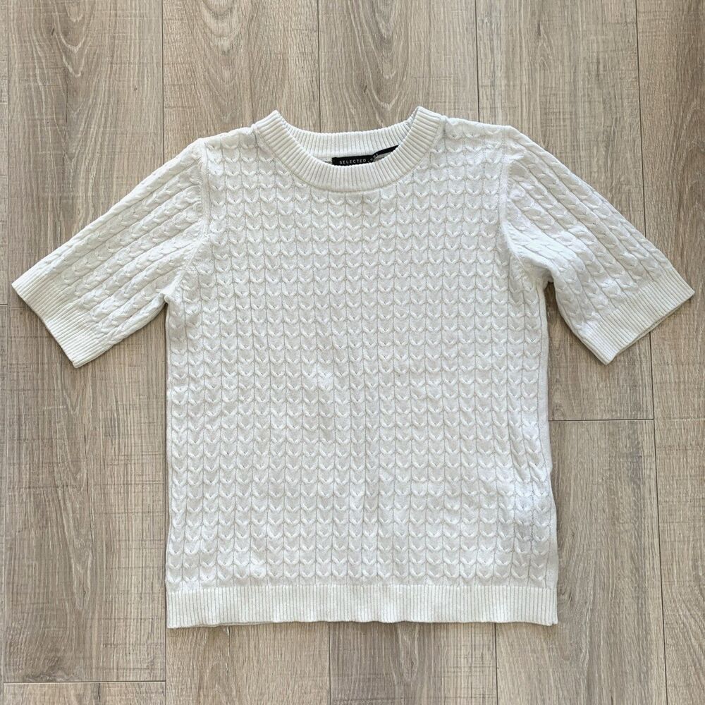 Selected Femme Short Sleeve Cable Knit Sweater Top Off White Womens L